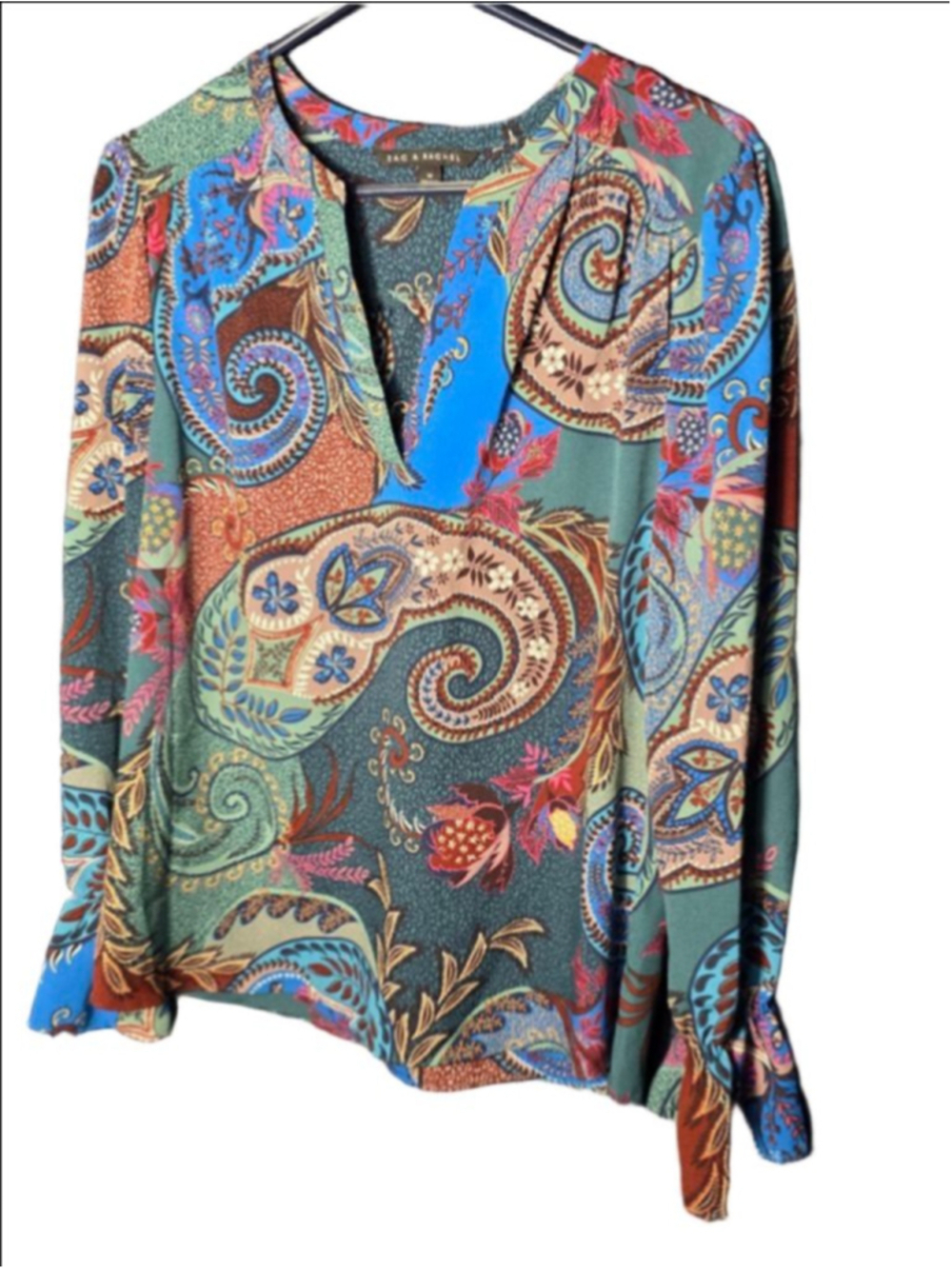 Women's ZAC & RACHEL Blouse M Green Blue Paisley Long Sleeve Bohemian y2k 90's